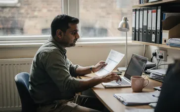 A business owner comparing an energy bill with figures on his laptop
