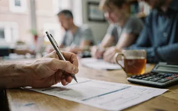 A hand holding a pen over a printed energy bill, next to a calculator