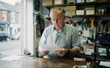 A shopkeeper reading a letter at the counter of his hardware shop
